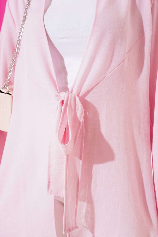 Linen Kimono Pink with Front Tie Detail