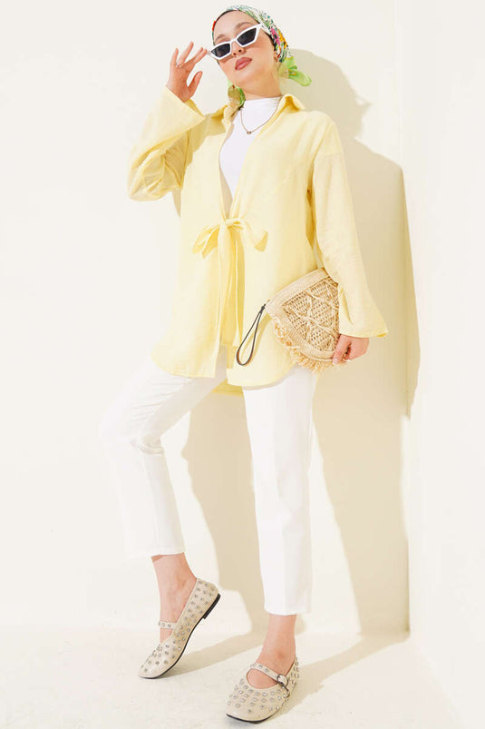 Önü Bağlama Detaylı Keten Kimono Sarı