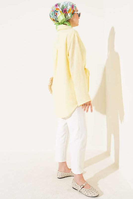 Önü Bağlama Detaylı Keten Kimono Sarı