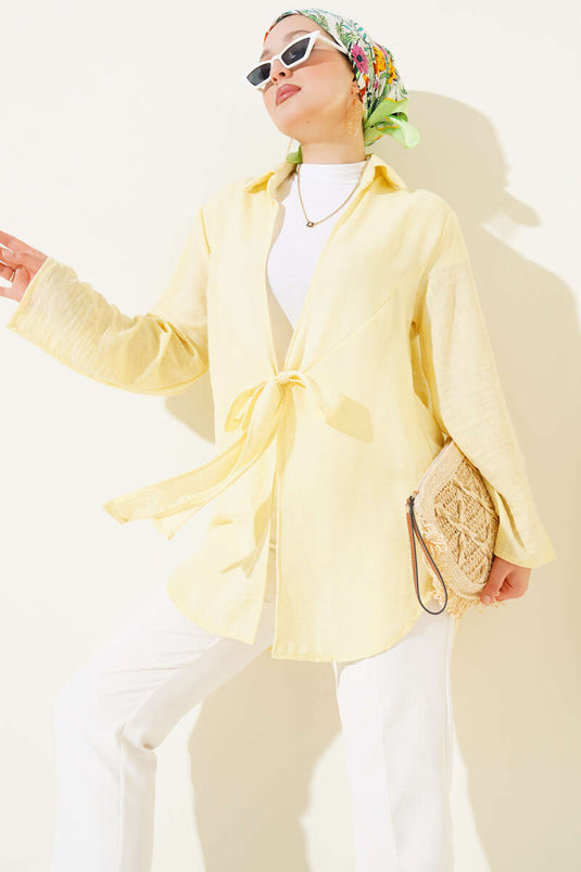 Önü Bağlama Detaylı Keten Kimono Sarı