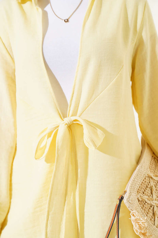 Önü Bağlama Detaylı Keten Kimono Sarı