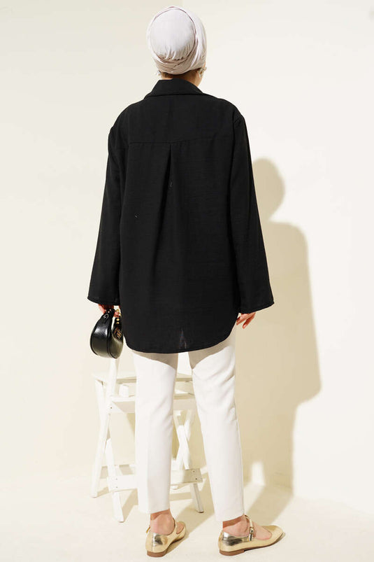 Önü Bağlama Detaylı Keten Kimono Siyah