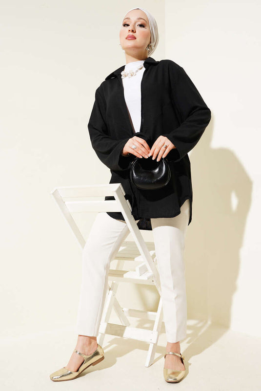 Önü Bağlama Detaylı Keten Kimono Siyah