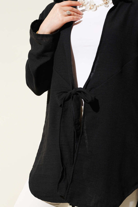 Önü Bağlama Detaylı Keten Kimono Siyah
