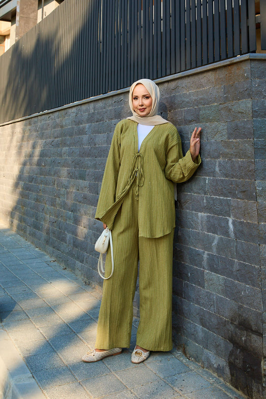 Front Tie Detailed Kimono Two Piece Set Khaki