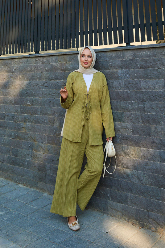 Front Tie Detailed Kimono Two Piece Set Khaki