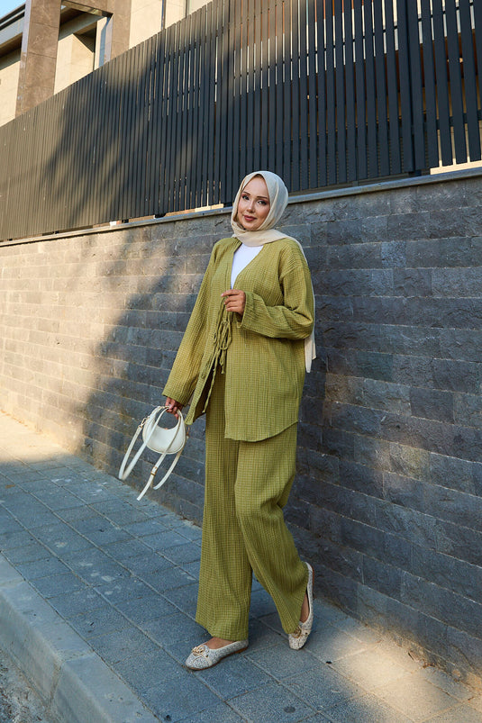 Front Tie Detailed Kimono Two Piece Set Khaki