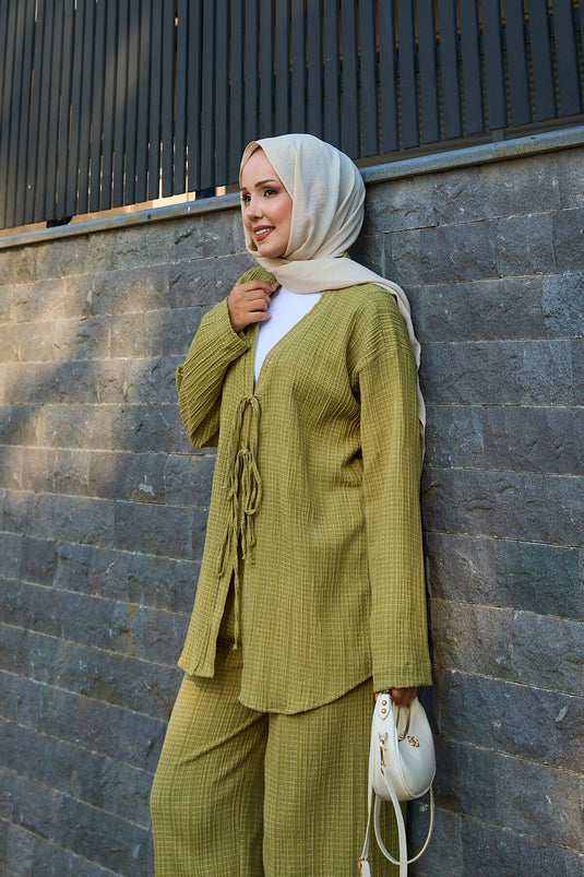 Front Tie Detailed Kimono Two Piece Set Khaki