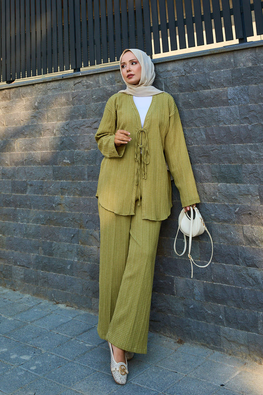 Front Tie Detailed Kimono Two Piece Set Khaki