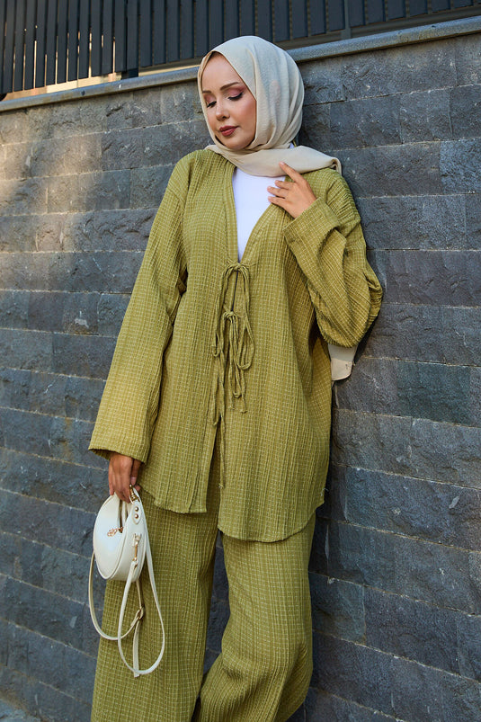 Front Tie Detailed Kimono Two Piece Set Khaki