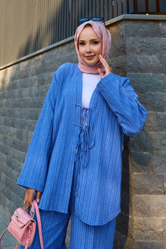 طقم كيمونو نيلي مكون من قطعتين مع ربطة أمامية