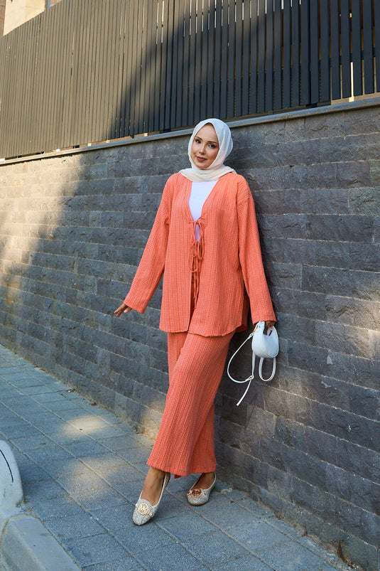 Ensemble deux pièces kimono à nouer sur le devant, couleur saumon