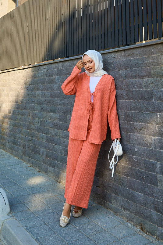 Ensemble deux pièces kimono à nouer sur le devant, couleur saumon