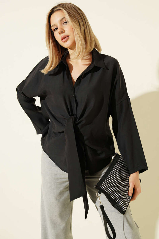 Black Modal Shirt with Front Tie Detail