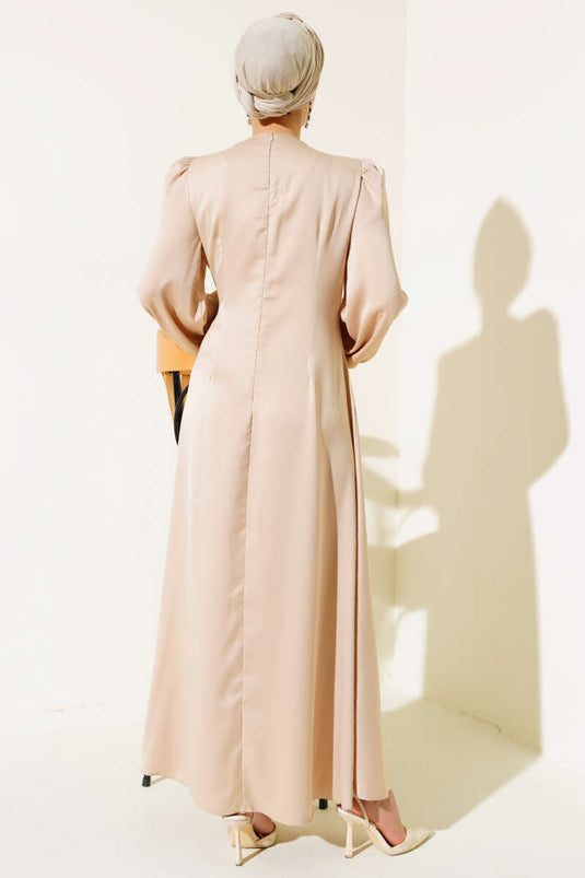 Detailed Satin Dress with Front Tie Beige