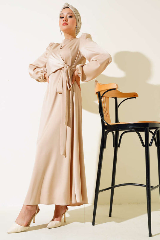 Detailed Satin Dress with Front Tie Beige