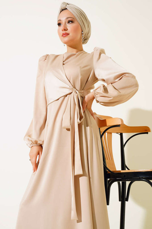 Detailed Satin Dress with Front Tie Beige