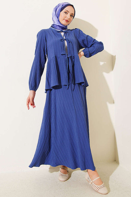 Front-Tied Bark Fabric Skirt Set Indigo
