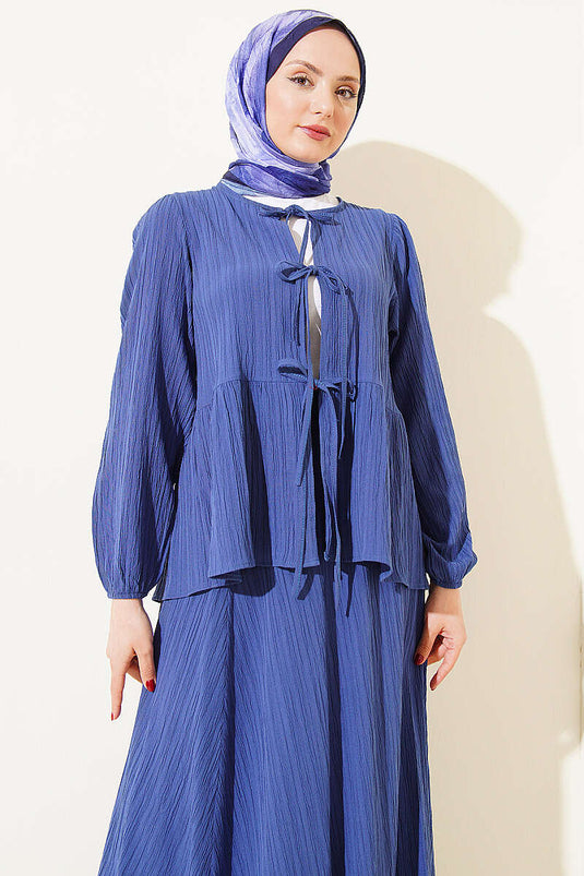 Front-Tied Bark Fabric Skirt Set Indigo