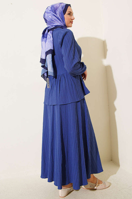 Front-Tied Bark Fabric Skirt Set Indigo