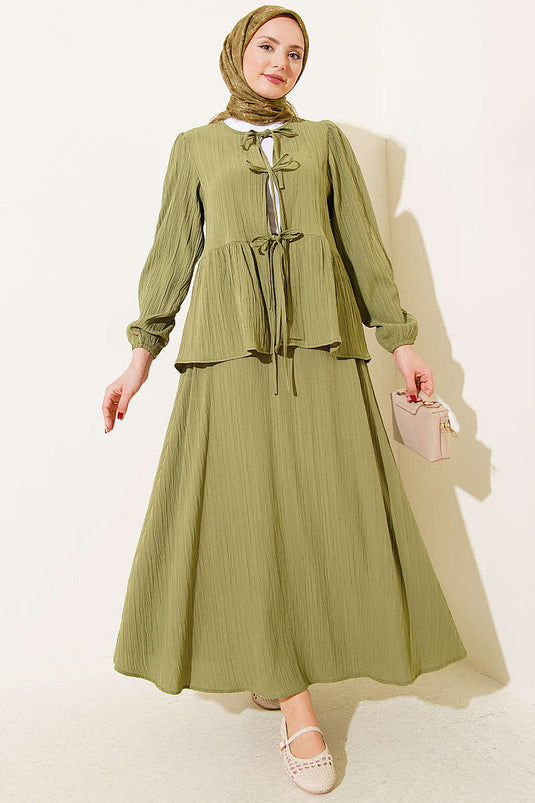 Front-Tied Tree Bark Skirt Set Green