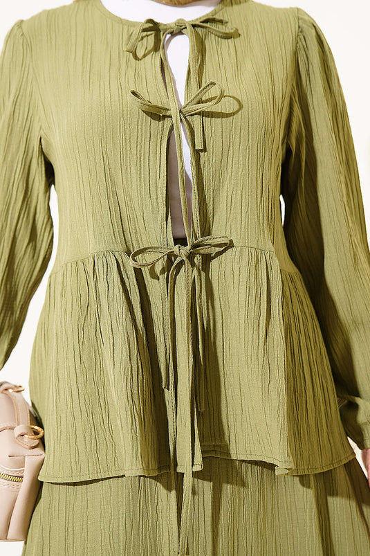 Front-Tied Tree Bark Skirt Set Green