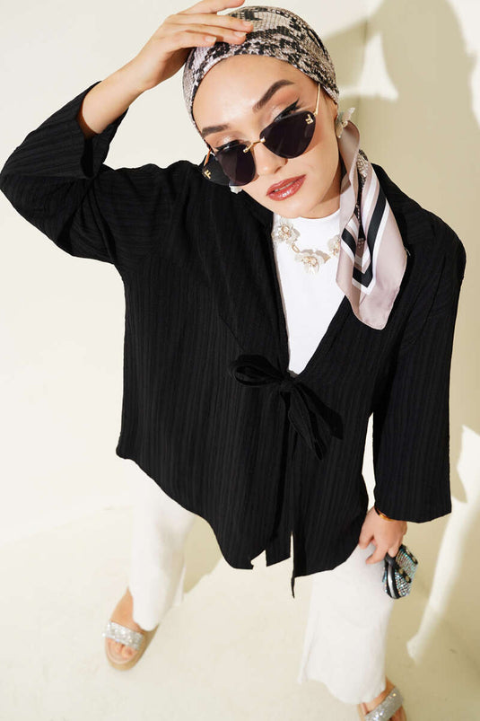 Front Tie-Up Tree Bark Kimono, Black