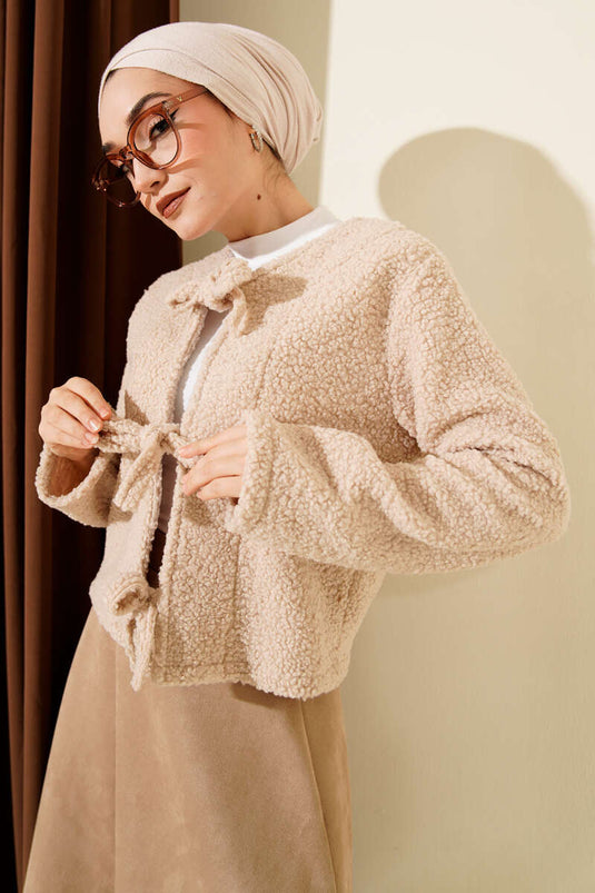 Önü Bağlamalı Buklet Kısa Kimono Bej