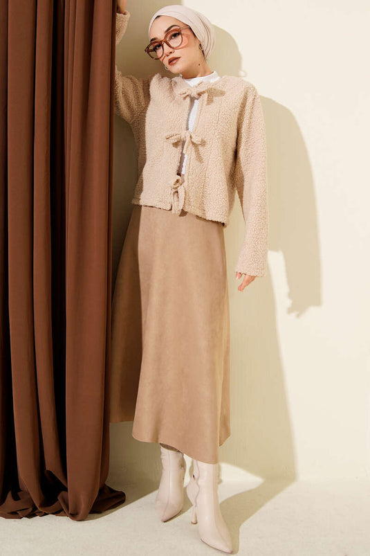 Önü Bağlamalı Buklet Kısa Kimono Bej