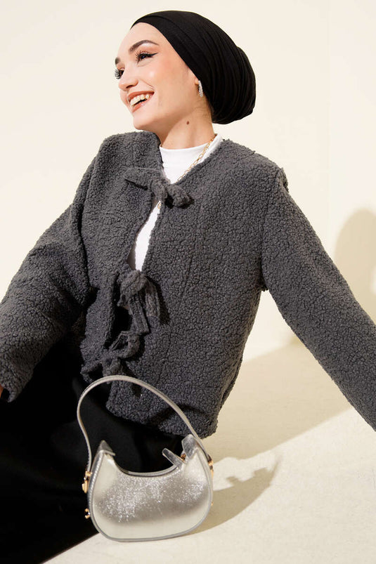 Önü Bağlamalı Buklet Kısa Kimono Füme