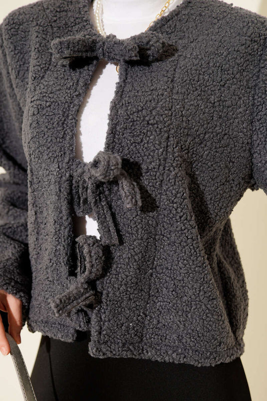 Önü Bağlamalı Buklet Kısa Kimono Füme