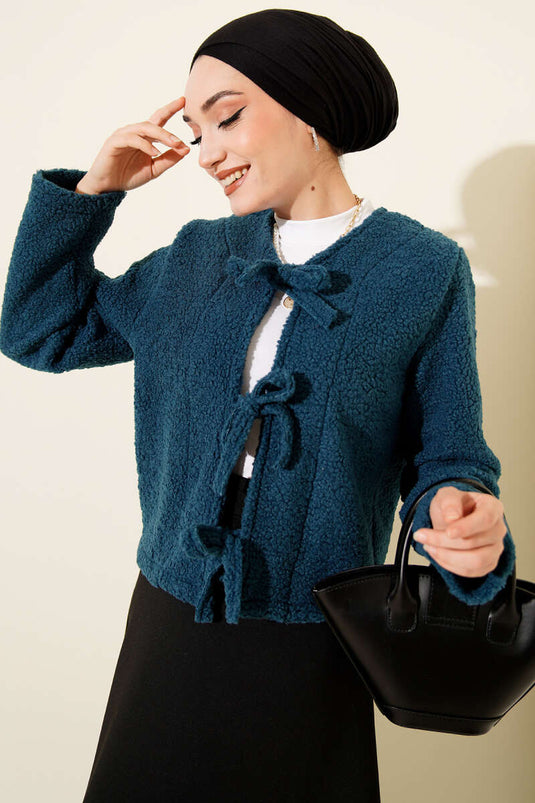 Önü Bağlamalı Buklet Kısa Kimono İndigo