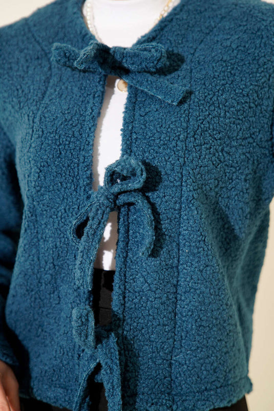 Önü Bağlamalı Buklet Kısa Kimono İndigo