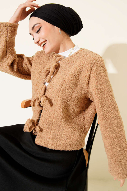 Önü Bağlamalı Buklet Kısa Kimono Latte