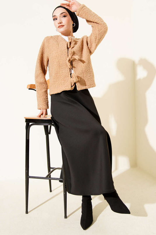 Önü Bağlamalı Buklet Kısa Kimono Latte