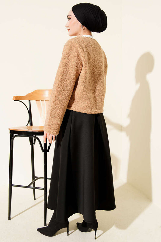 Önü Bağlamalı Buklet Kısa Kimono Latte