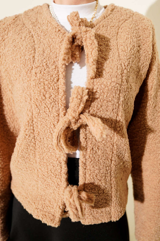 Önü Bağlamalı Buklet Kısa Kimono Latte