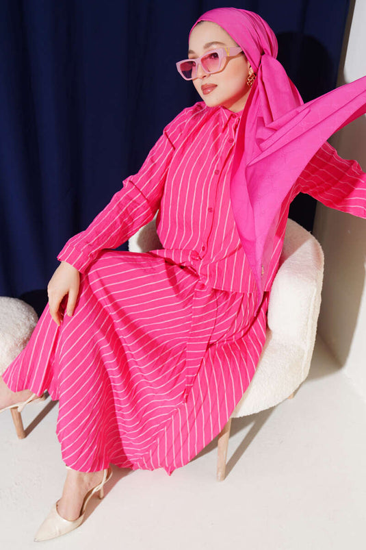 Fuchsia Set with Tied Front and Striped Skirt