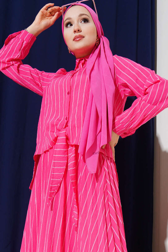 Fuchsia Set with Tied Front and Striped Skirt