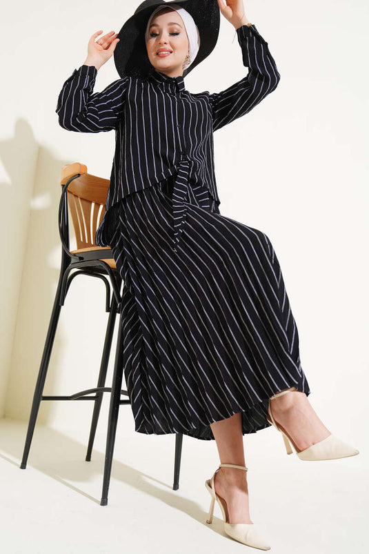 Black Set with Tied Front Striped Skirt