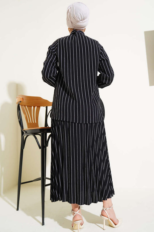 Black Set with Tied Front Striped Skirt