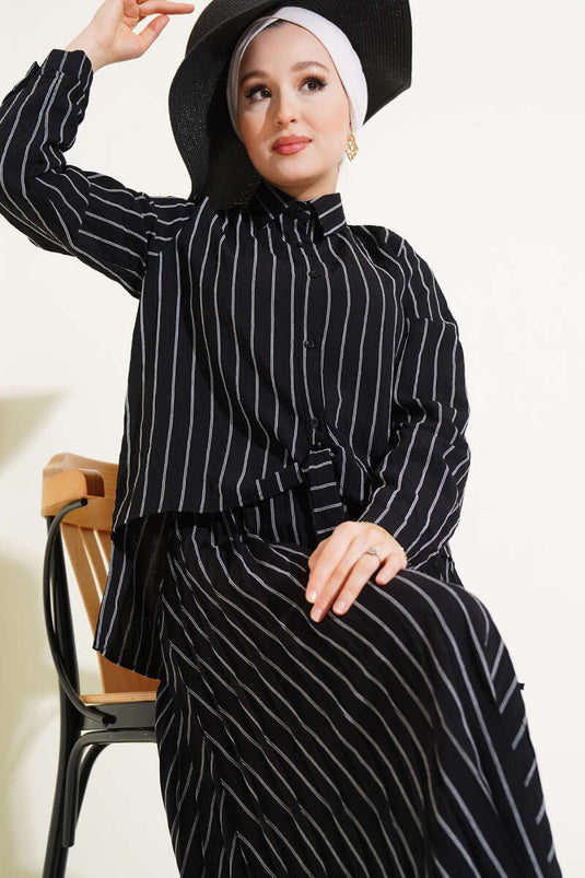 Black Set with Tied Front Striped Skirt