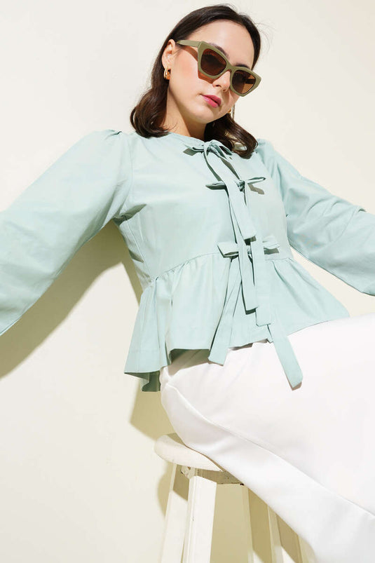 Tie Front Ruffle Short Shirt Mint