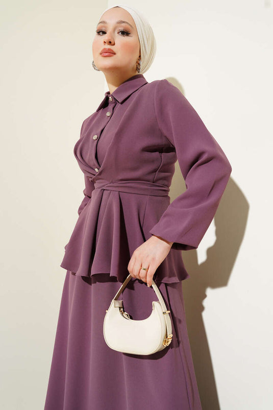 Ensemble deux pièces avec jupe et col chemise à nouer sur le devant, rose poudré