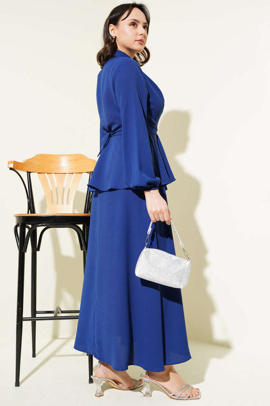 Önü Bağlamalı Gömlek Yaka Etekli İkili Takım İndigo