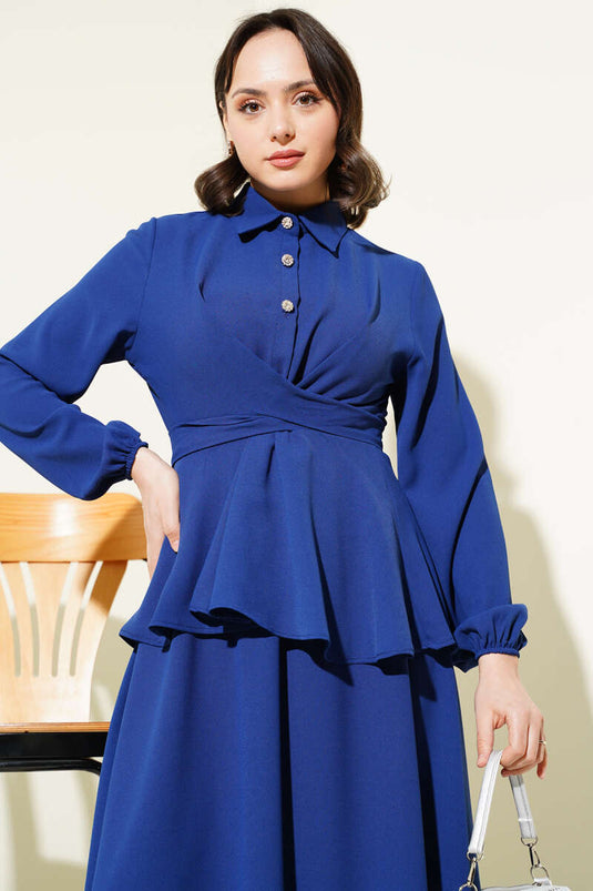 Önü Bağlamalı Gömlek Yaka Etekli İkili Takım İndigo