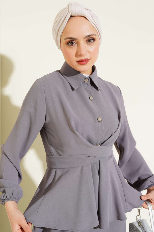 Önü Bağlamalı Gömlek Yaka Etekli İkili Takım Kayrak Grisi
