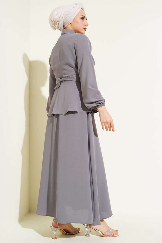 Önü Bağlamalı Gömlek Yaka Etekli İkili Takım Kayrak Grisi