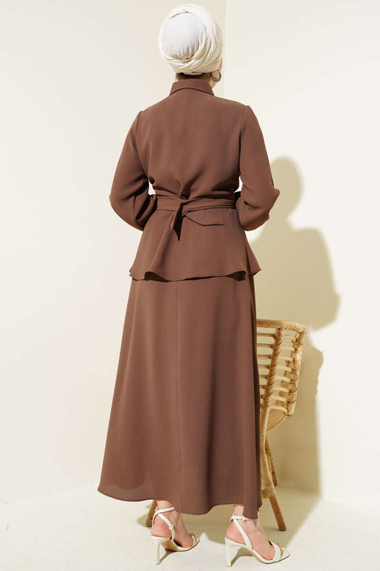 Tie Front Shirt Collar Skirted Two Piece Suit Chestnut