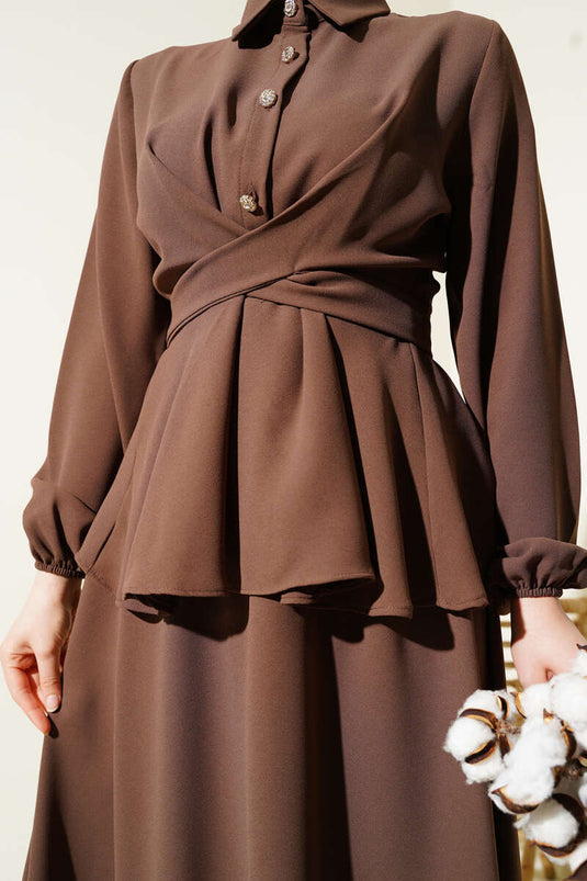 Tie Front Shirt Collar Skirted Two Piece Suit Chestnut